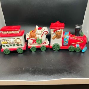 3 Pc 90's Ceramic Christmas Train Santa & Bears Holding Gifts Figurings